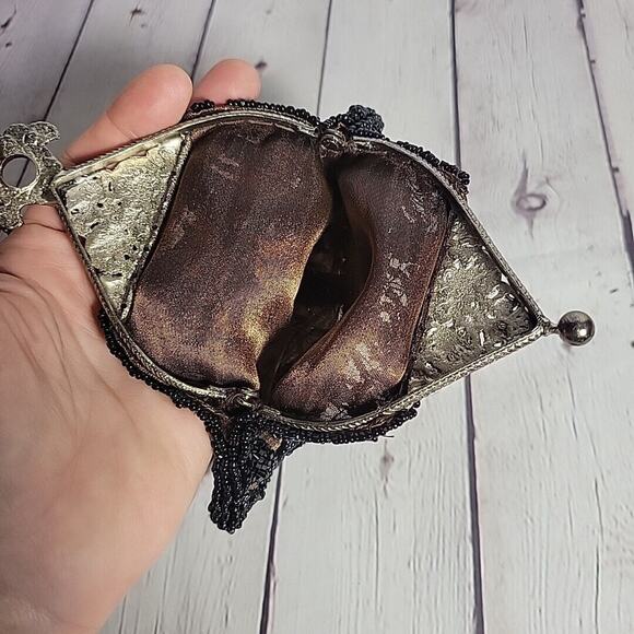 Beaded Hand Purse Vintage Antique Brown W/ Black Beads Metal Clasp/Chain - Picture 6 of 10